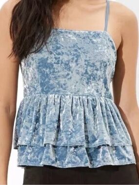 American Eagle Blue Crushed Velvet Smocked Tiered Peplum Top  Brand New